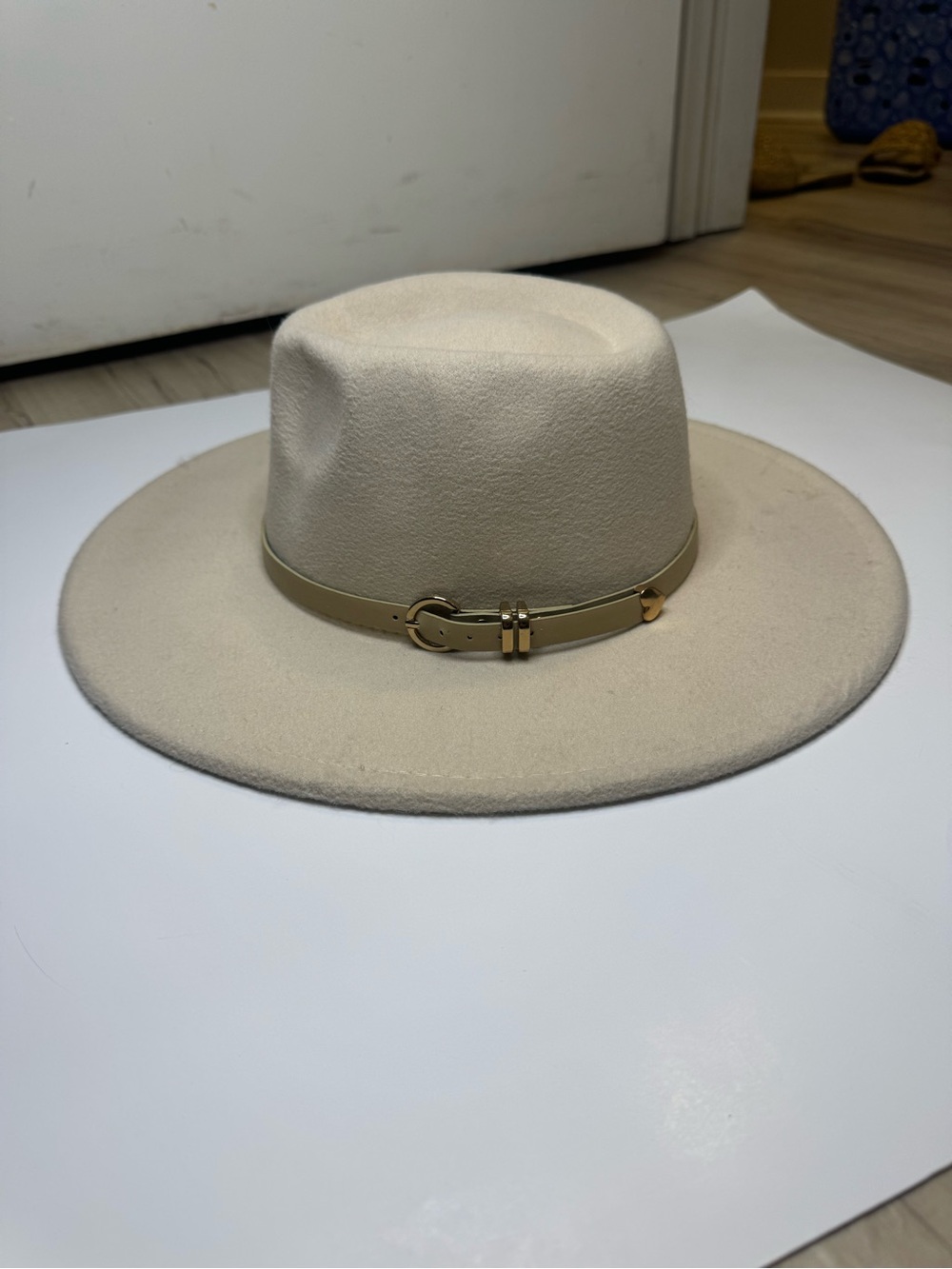 Wide Brim Felt Fedora Hat in Cream with Decorative Band